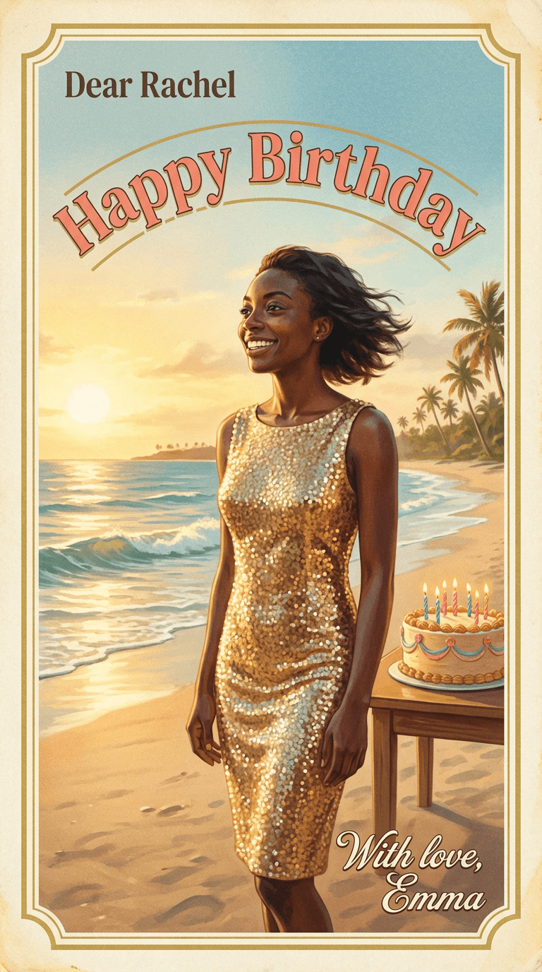 AI result: Standing on Miami beach at golden hour, glittery dress, ocean breeze in hair