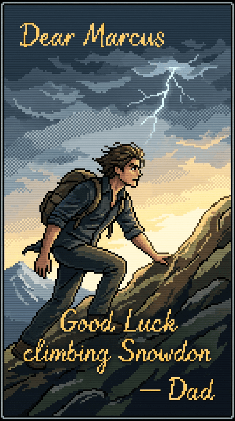 AI result: Marcus storms up Mount Snowdon, wind whipping sideways, lightning cracking across the storm clouds behind him