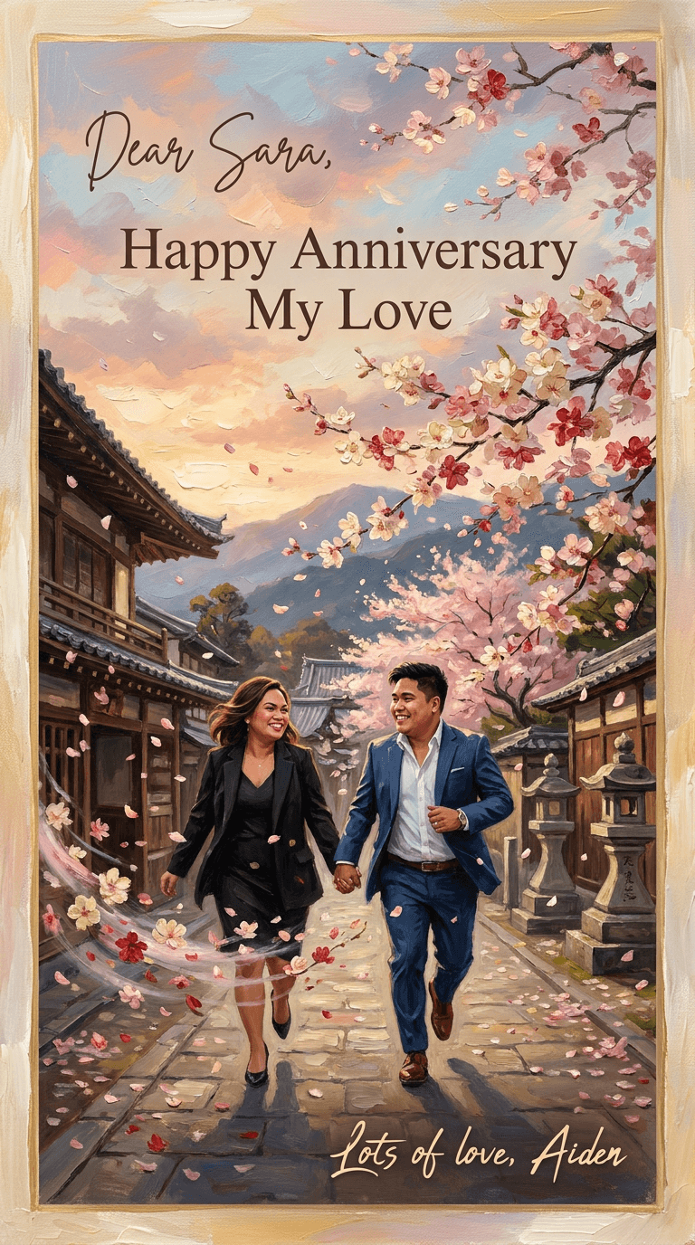 AI result: Aiden and Sara sprint hand-in-hand down a Kyoto temple lane, a wall of pink cherry blossoms exploding into the air around them as a sudden gust roars through
