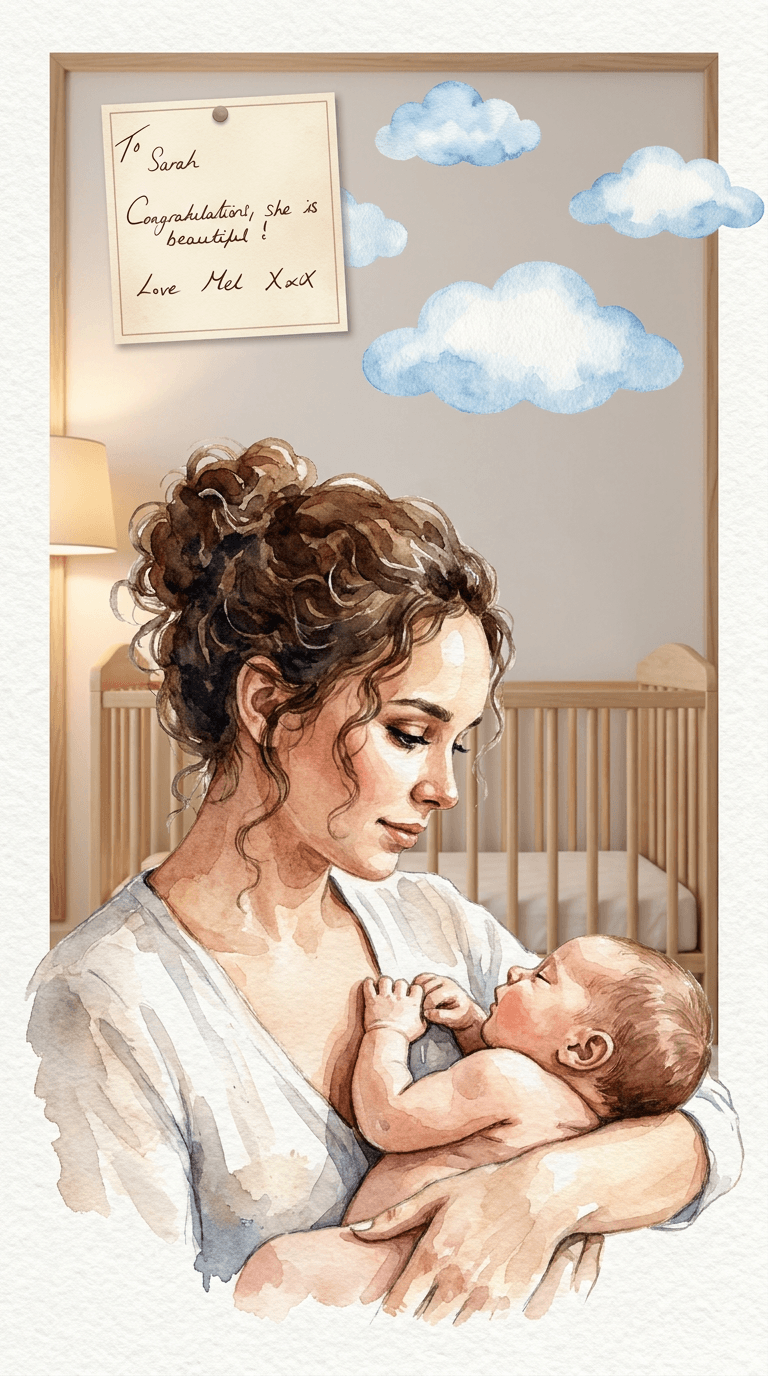 AI result: Sarah cradling her newborn skin-to-skin in a storybook nursery, the baby's tiny hand curled around her finger, warm lamp glow, watercolour clouds drifting across the wall above the wooden cot