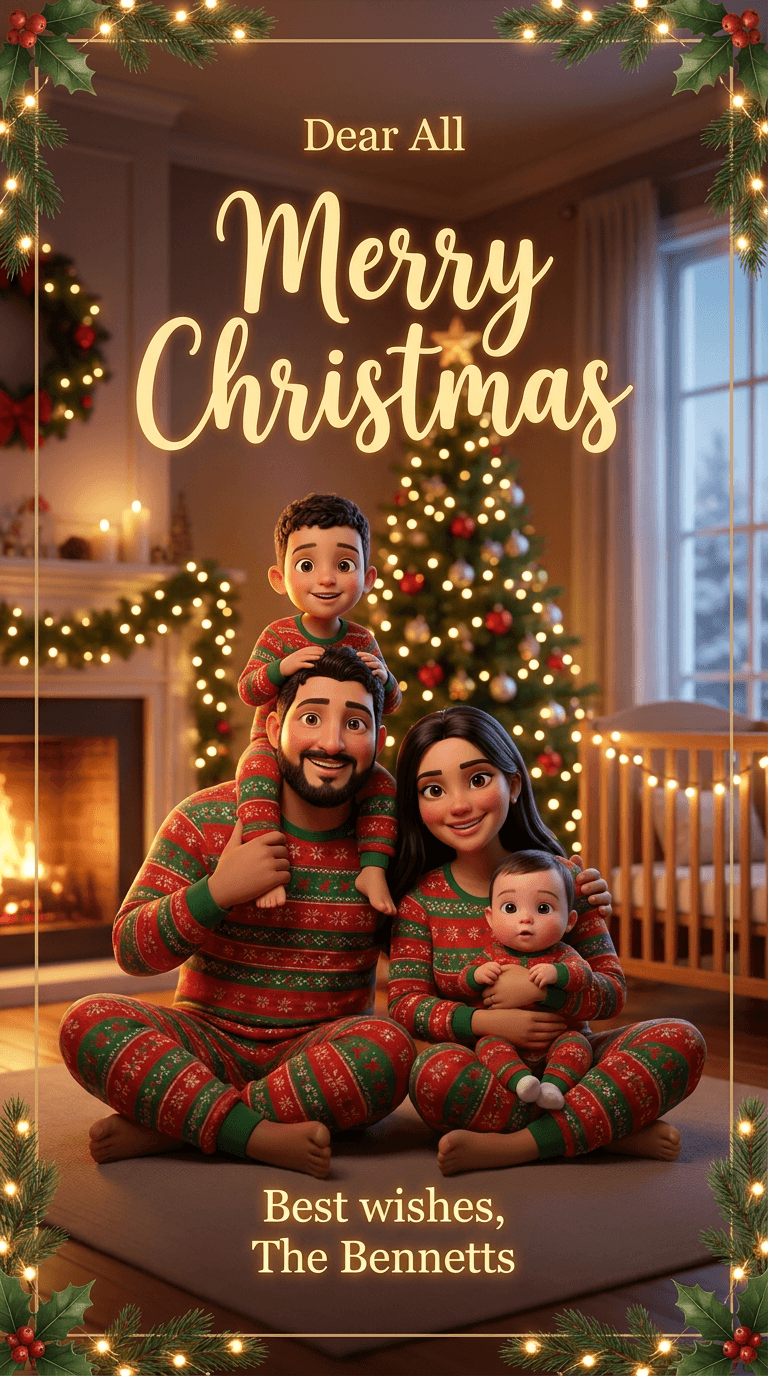 AI result: Pixar-style portrait, matching pyjamas, cosy living room, fairy lights everywhere