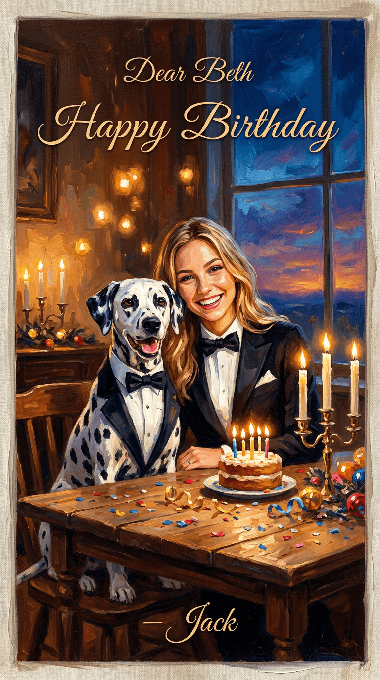 AI result: Beth and her dog in matching tuxedos at a candle-lit dinner, posh dog vibes
