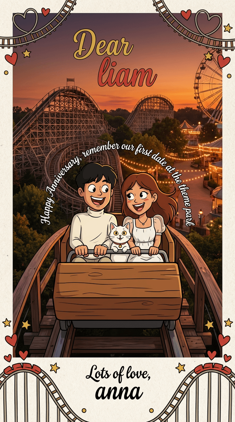 AI result: On a roller coaster, cat sat between us, having an amazing adventure
