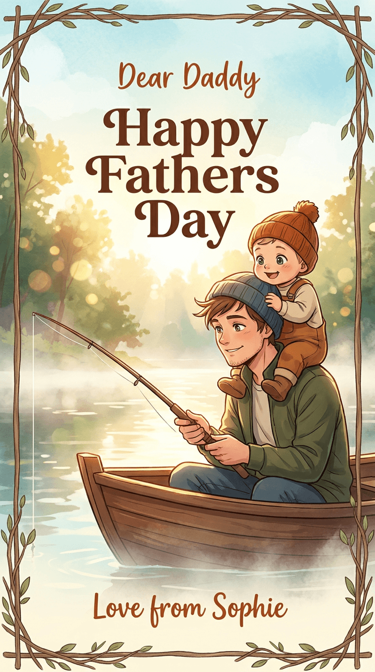 AI result: Dad and his little one in a small boat, dawn mist on the lake, casting their first line fishing, wearing matching fisherman outfits