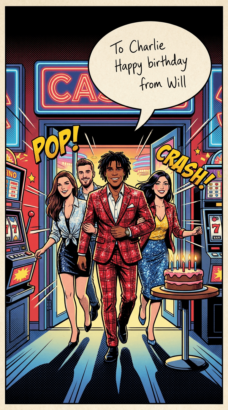 AI result: Charlie and his three best mates burst through neon-lit casino doors in sparkly birthday outfits, slot machines flashing on either side, comic-book pop and motion lines