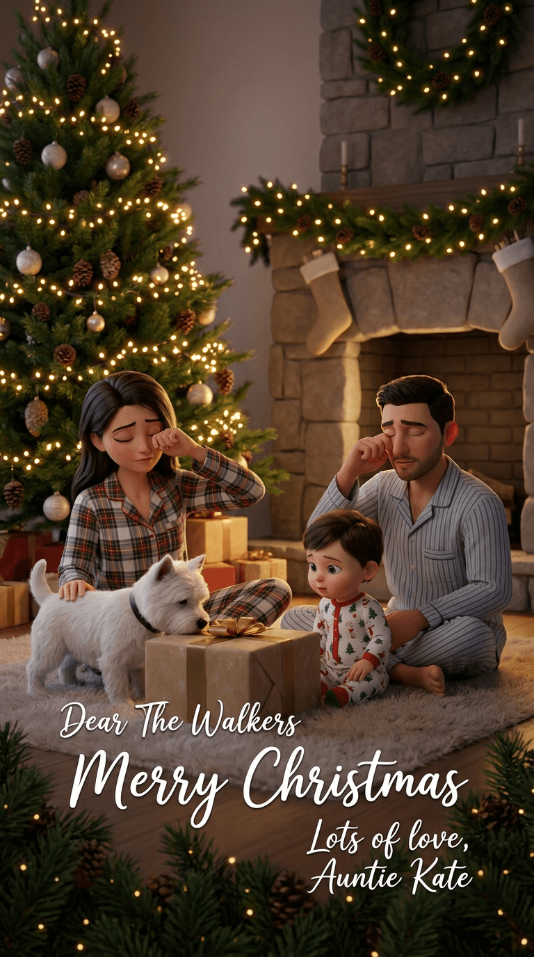 AI result: Christmas morning, family sleepy in pyjamas, the dog sniffs at a wrapped box under the tree, empty fireplace in the background