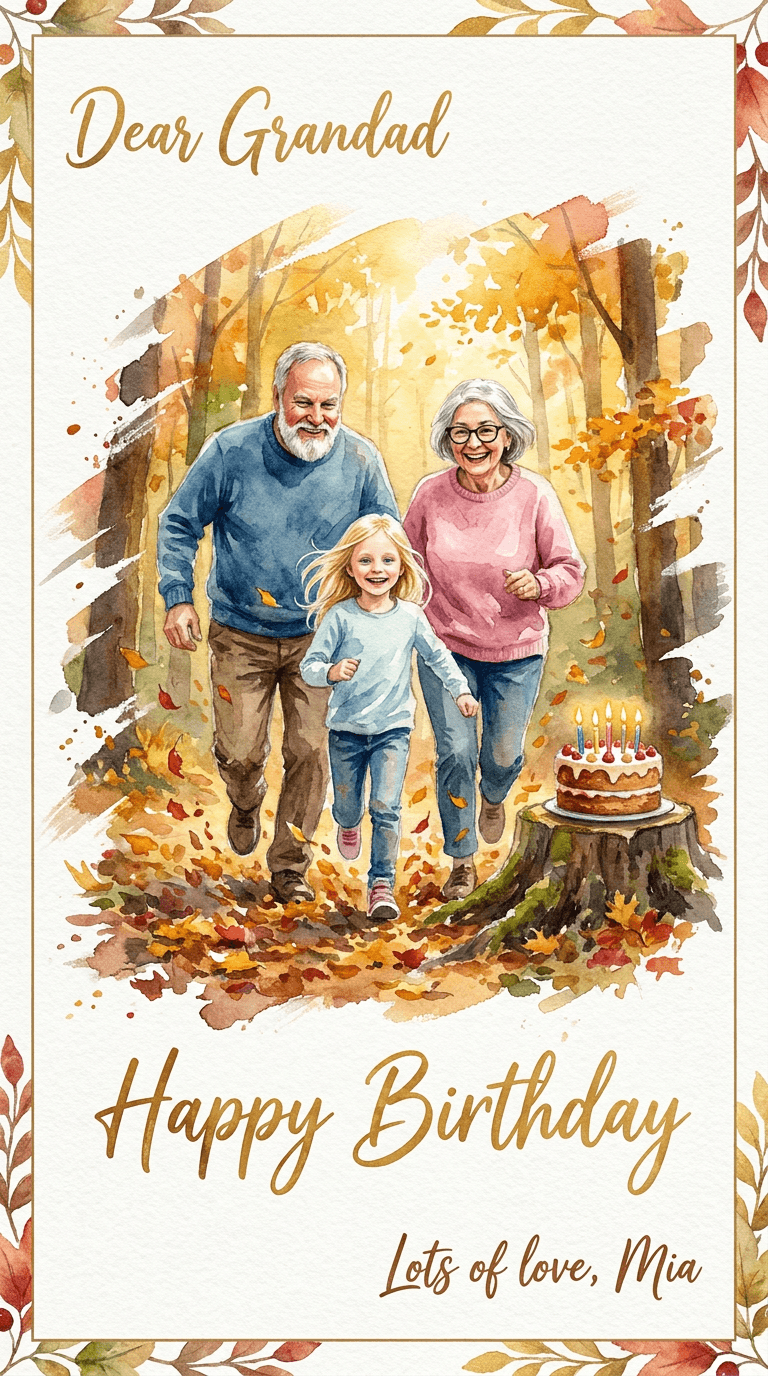 AI result: Grandad, Nan and Mia race together along an autumn forest path, kicking up swirls of golden leaves, watercolour brushstrokes streaking behind them