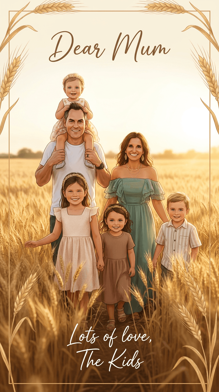 AI result: The whole family charges through a sun-blazed wheat field at golden hour, wheat parting in waves, the youngest hoisted onto Dad's shoulders