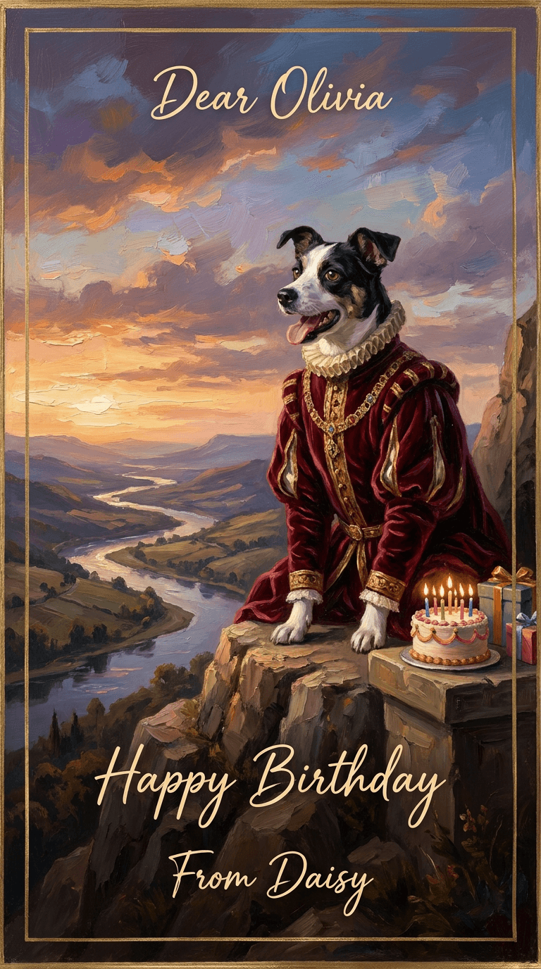 AI result: Renaissance oil-painting portrait of my dog as a duke, velvet robes, gold frame