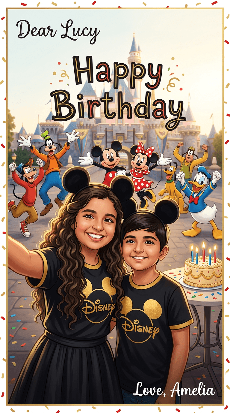 AI result: Amelia and her brother taking a selfie at Disneyland with all the characters in the background jumping for joy excited and happy, wearing matching themed t-shirts
