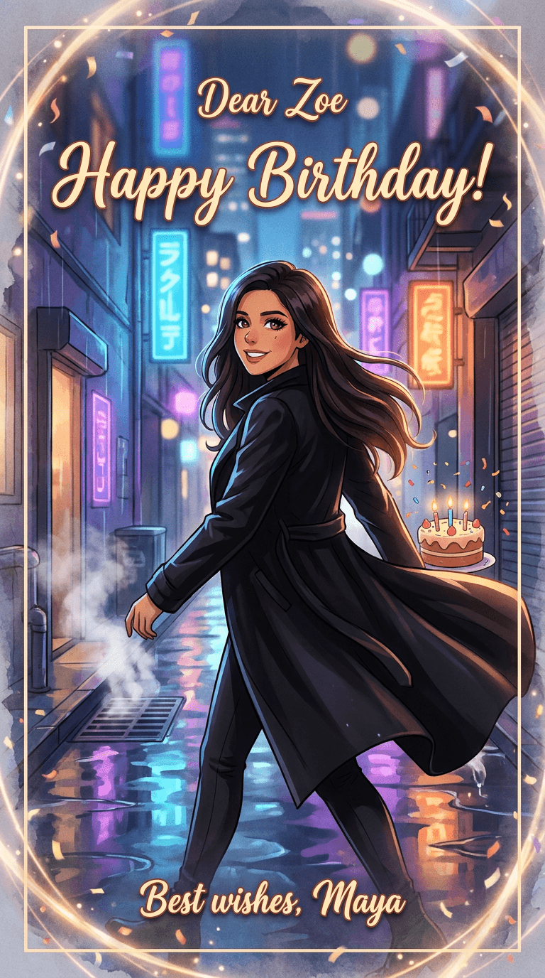 AI result: Zoe strides through a rain-slicked neon alley in a long black coat, city lights blurring past, steam billowing from grates, 35mm film grain throughout