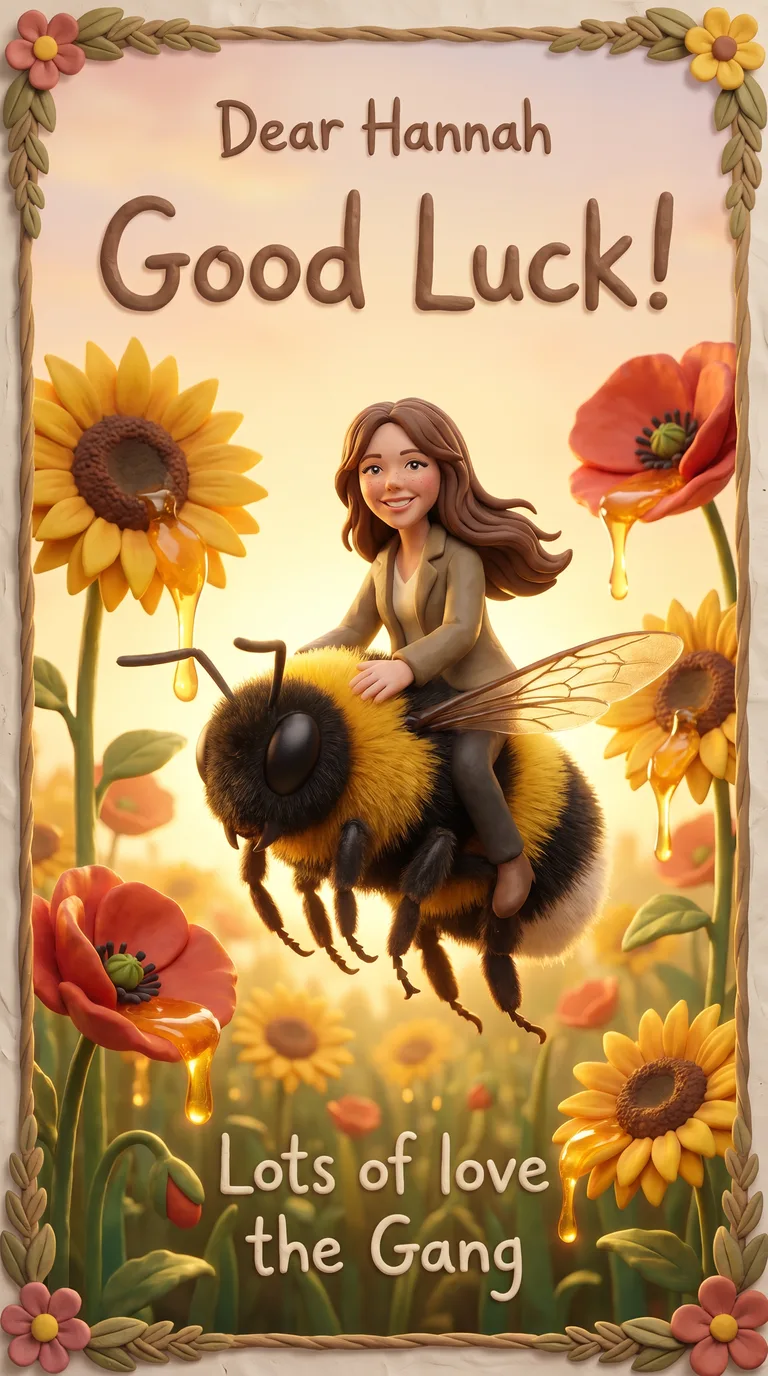 AI result: the woman riding a giant fuzzy bumblebee through a meadow of skyscraper-sized flowers, dripping with honey and sunshine