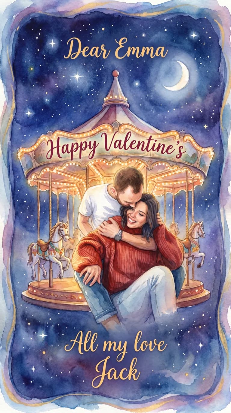 AI result: the couple riding a magical fairground carousel that is lifting gently into a starry night sky, the painted horses glowing