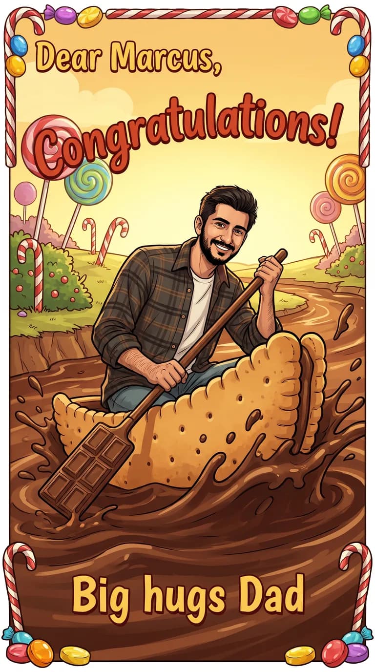 AI result: the man paddling a giant biscuit boat down a roaring river of chocolate through a candyland of lollipop trees, comic splashes everywhere