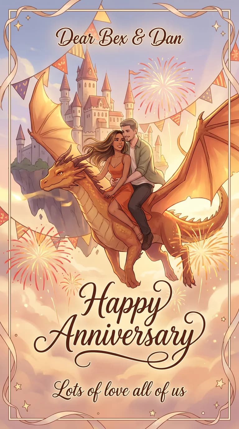 AI result: the couple soaring on a great winged dragon around a floating castle, banners streaming, fireworks blooming