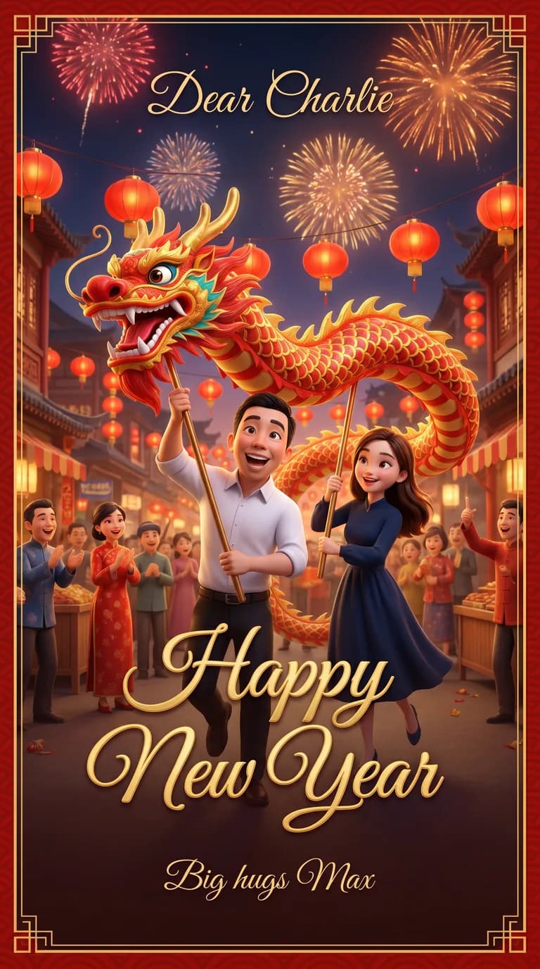 AI result: the couple joyfully leading a vibrant Chinese New Year dragon dance through a festival street, a long ornate red-and-gold dragon weaving above a lantern-strung crowd, fireworks blooming and red lanterns everywhere