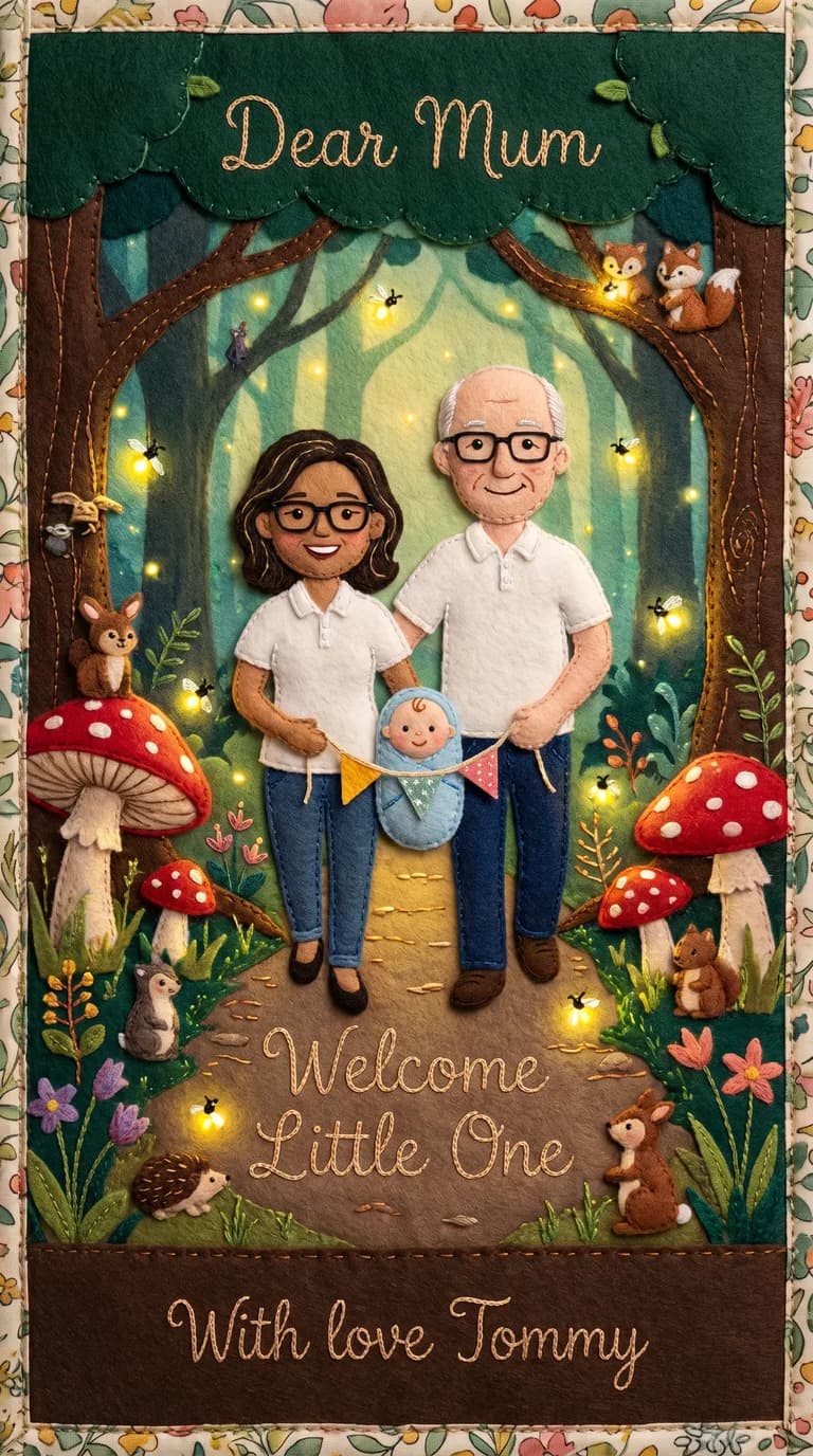 AI result: the family wandering a glowing stitched enchanted forest, fireflies and tiny felt woodland creatures lighting a path through giant toadstools