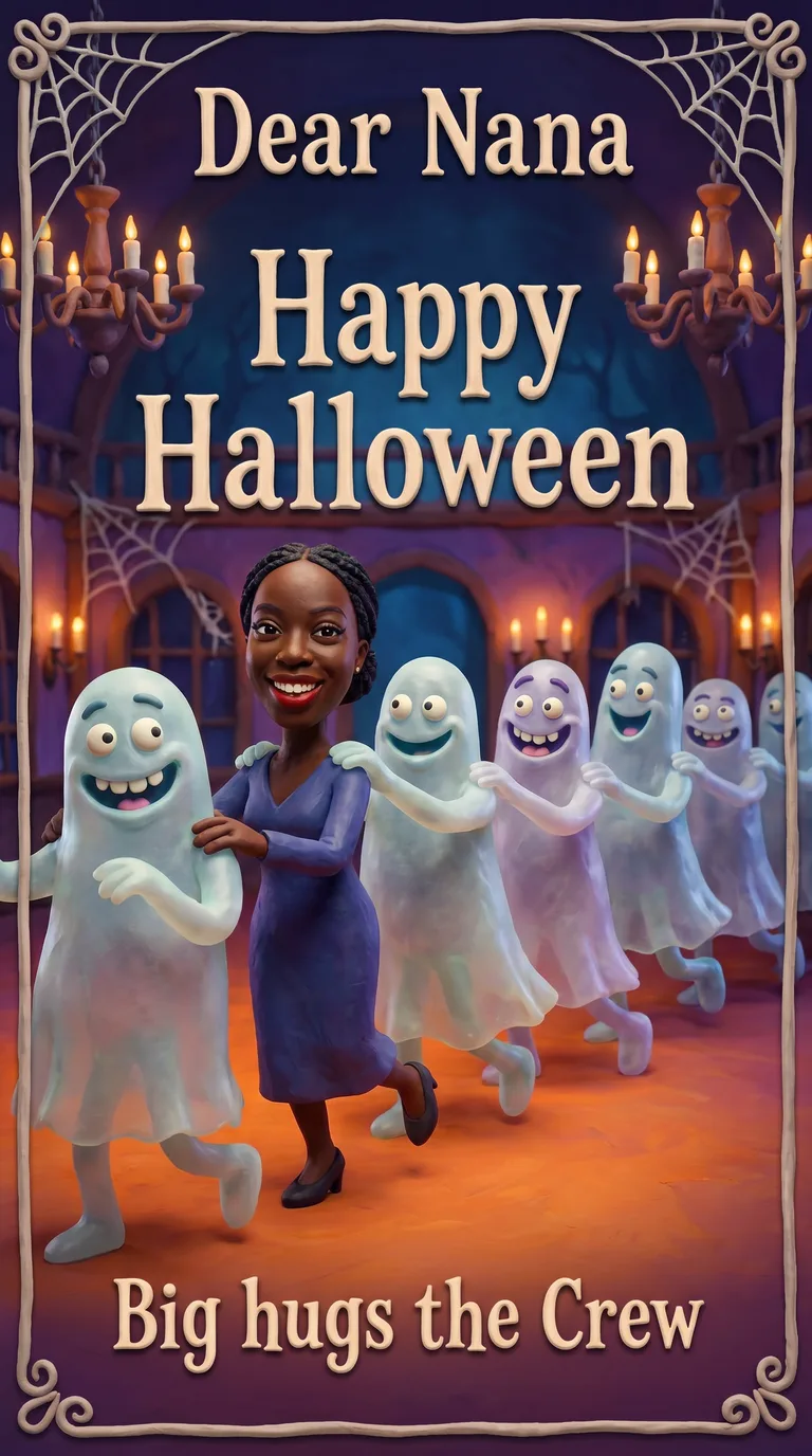 AI result: the woman dancing in a haunted ballroom with a conga line of goofy friendly ghosts, chandeliers swinging