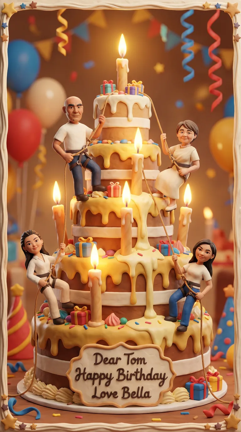 AI result: the family mountaineering up a towering ten-tier birthday cake, abseiling past dripping icing and giant flickering candles