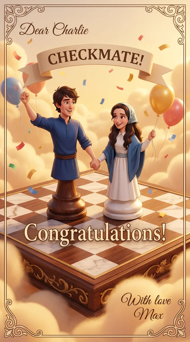 AI result: the couple playing as life-size pieces on a colossal floating chessboard among the clouds