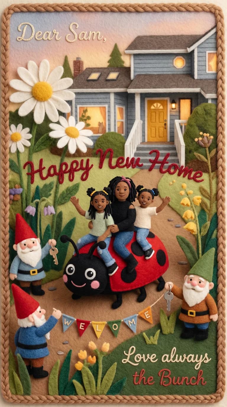AI result: the family shrunk tiny in a giant felt garden, befriending garden gnomes and riding a bumble-sized ladybird past towering daisies