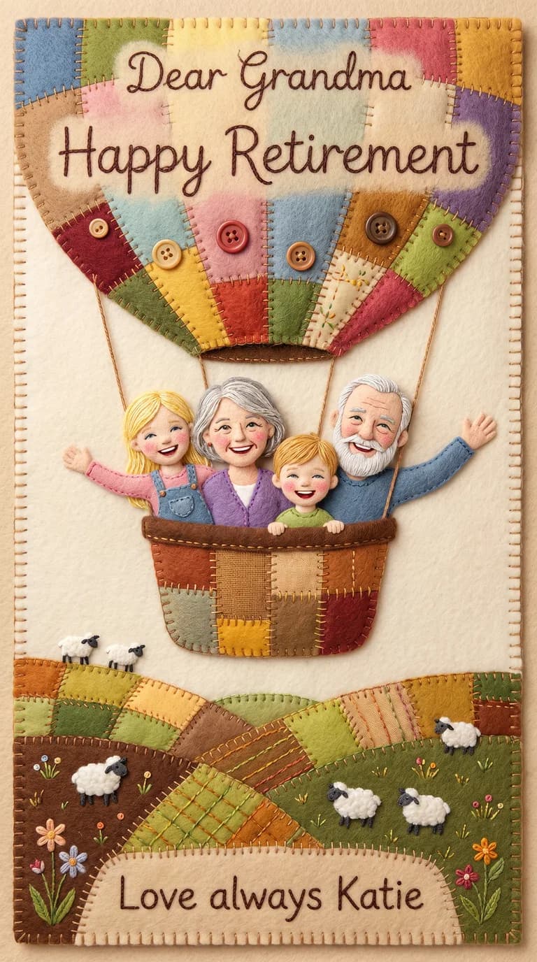 AI result: the family drifting over a stitched patchwork countryside in a hot-air balloon, tiny felt sheep waving from the fields below