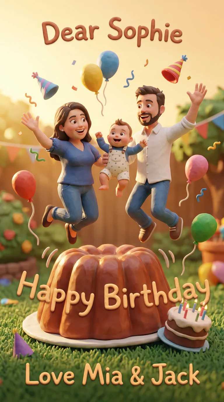 AI result: the family bouncing sky-high on a giant wobbling jelly, balloons and party hats flying off in all directions