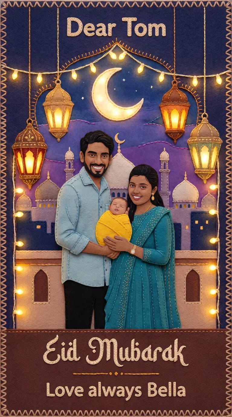 AI result: the family celebrating Eid together on a rooftop terrace at dusk, a glowing crescent moon above domes and minarets on the skyline, ornate hanging fanous lanterns and warm string lights all around them