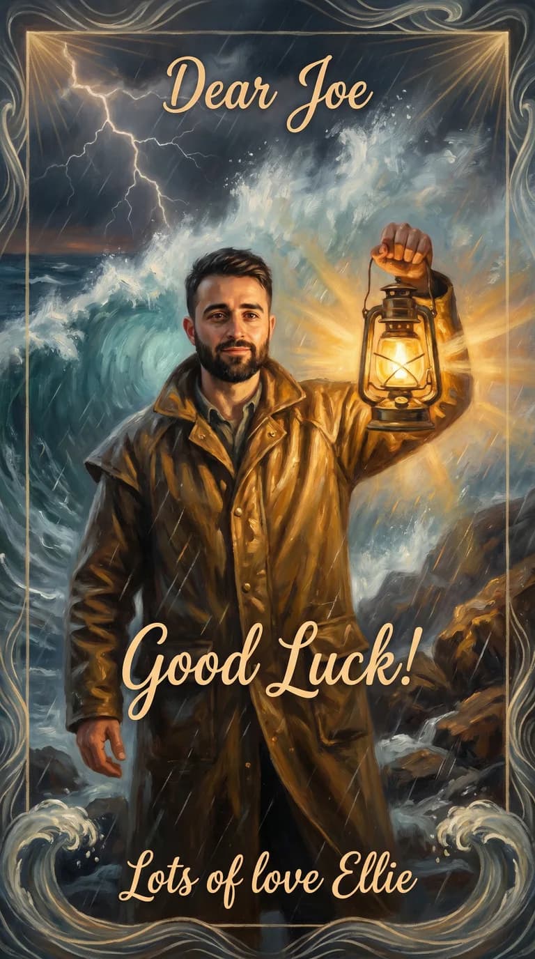 AI result: the man as a lighthouse keeper holding the lamp aloft against a towering wave and a lightning-cracked sky, the beam cutting the dark