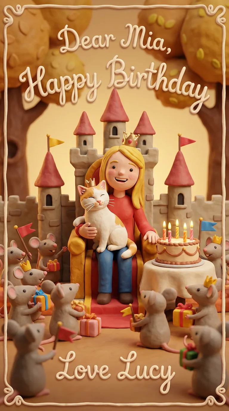 AI result: the owner and their cat crowned king and queen of a tiny kingdom of adoring mice, a miniature castle behind them