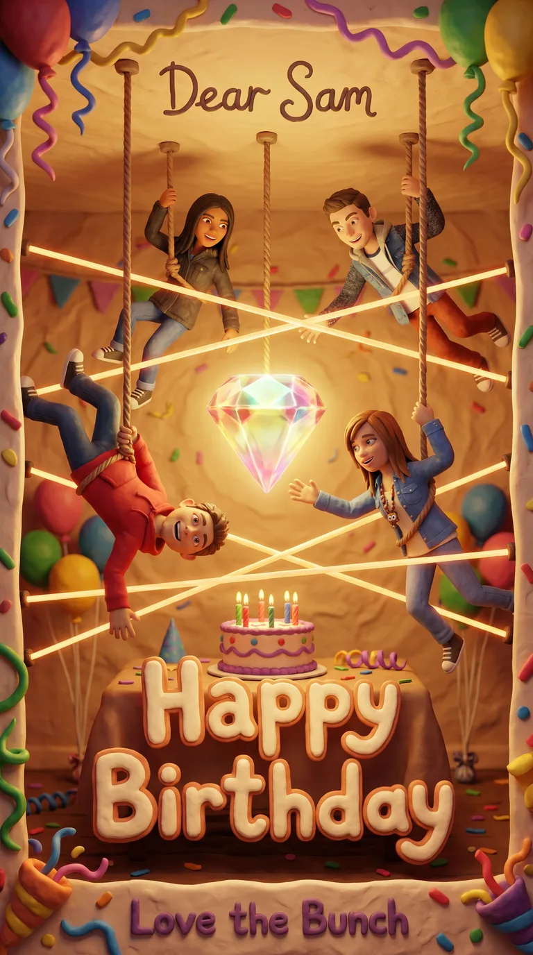 AI result: the friends pulling off a slapstick claymation heist, abseiling toward a giant glowing gem through a grid of laser beams, one of them dangling upside-down