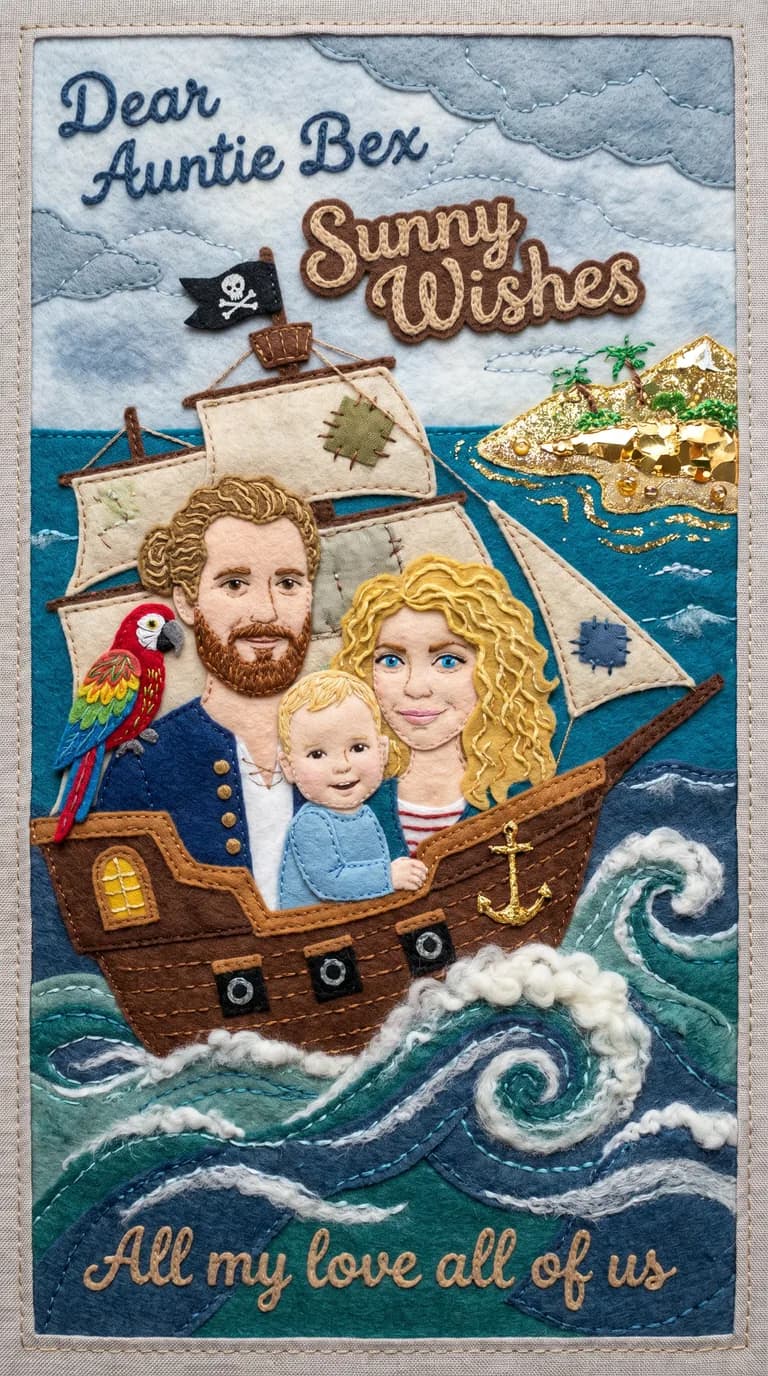 AI result: the family captaining a felt pirate ship across stormy seas toward a glittering treasure island, a parrot on Dad's shoulder