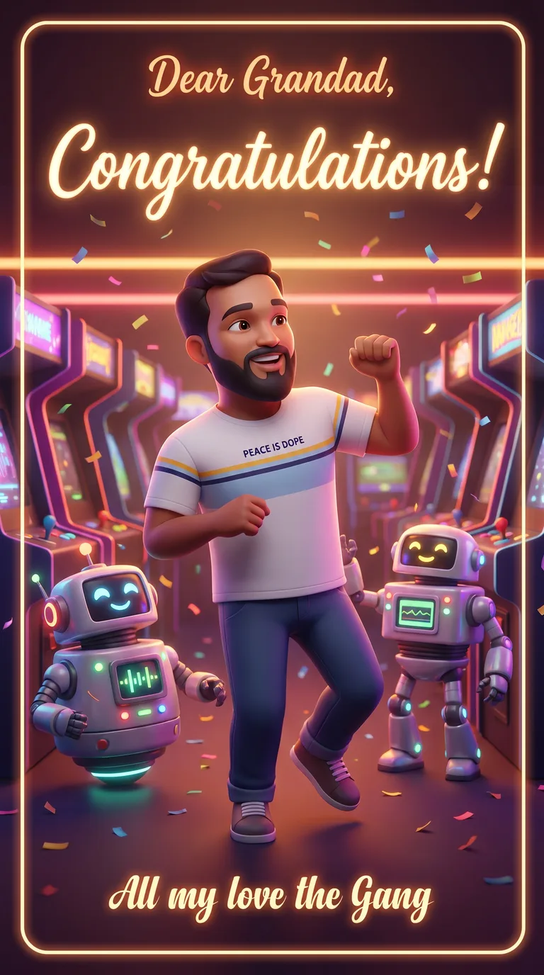 AI result: the man dancing in a glowing neon arcade surrounded by spinning friendly robots, lights pulsing to the beat