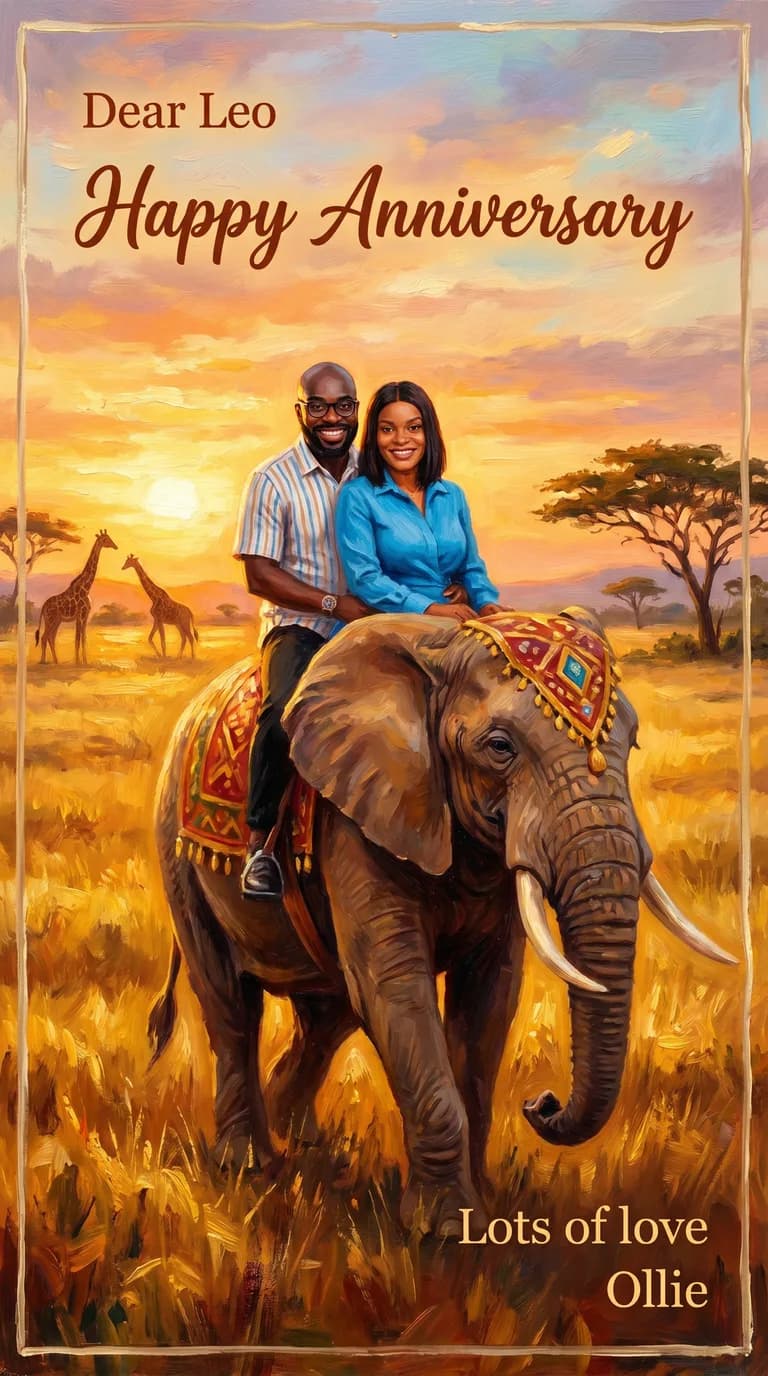 AI result: the couple riding a majestic elephant across a golden savannah at sunset, giraffes and acacia trees in the distance