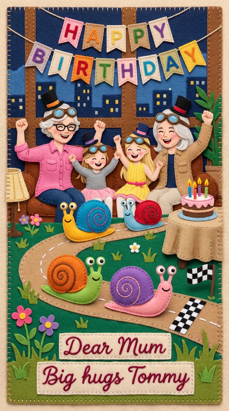 AI result: the family in tiny top hats and goggles racing oversized garden snails down a winding track toward a checkered flag