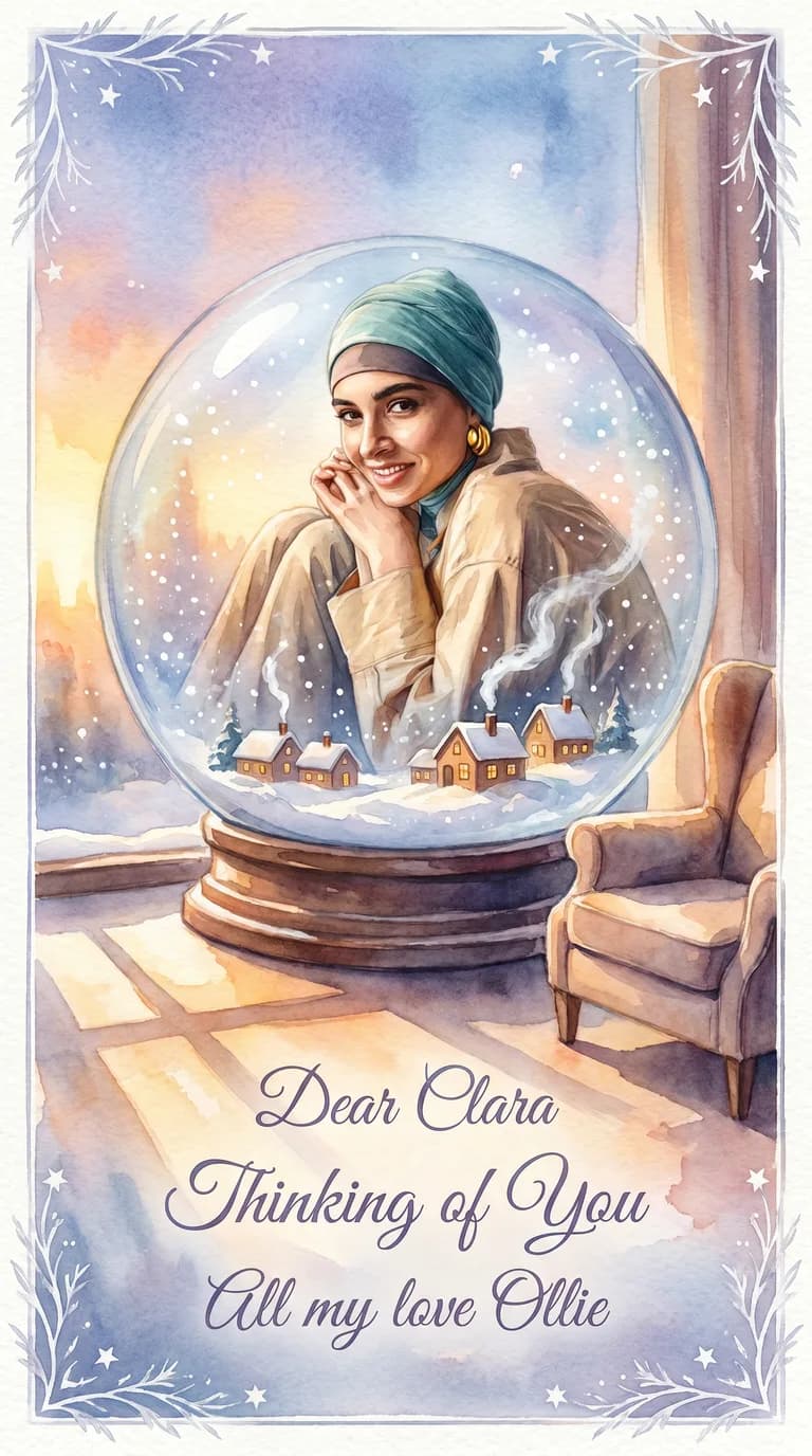 AI result: the woman curled cosily inside a giant snow globe as soft snow swirls around her and a tiny village