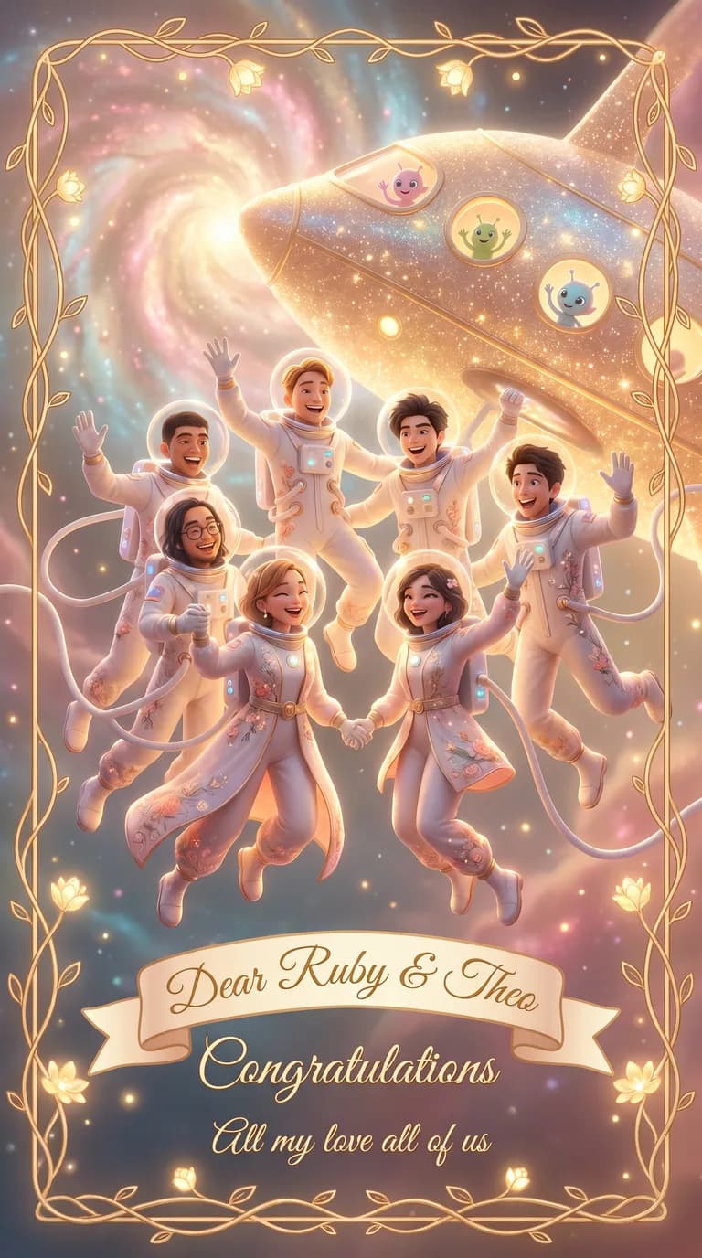 AI result: the family on a spacewalk outside a glittering starship, tethers drifting, a nebula and tiny waving alien guests behind them