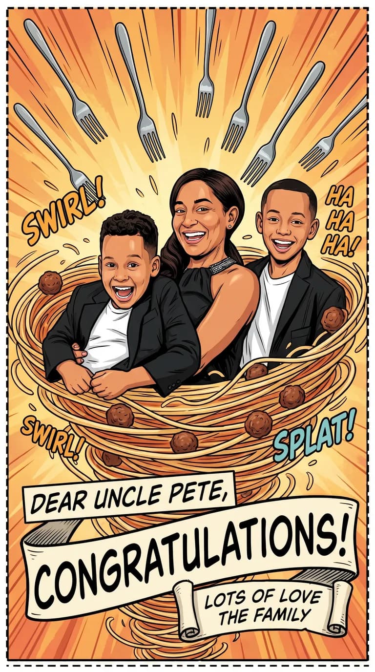 AI result: the family caught laughing in a swirling tornado of spaghetti and meatballs, forks raining from the sky, comic motion lines