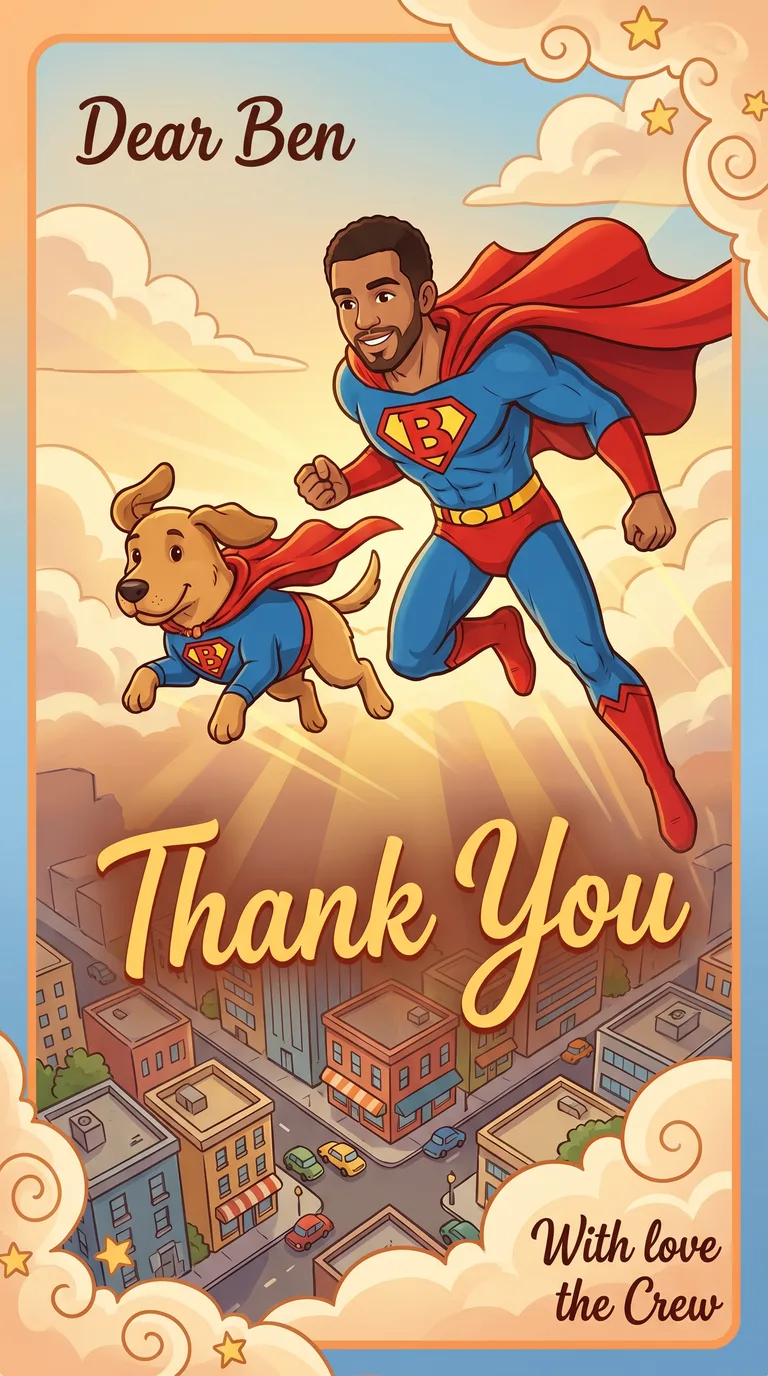 AI result: the owner and their dog as a caped superhero duo swooping down to save a tiny city, capes billowing