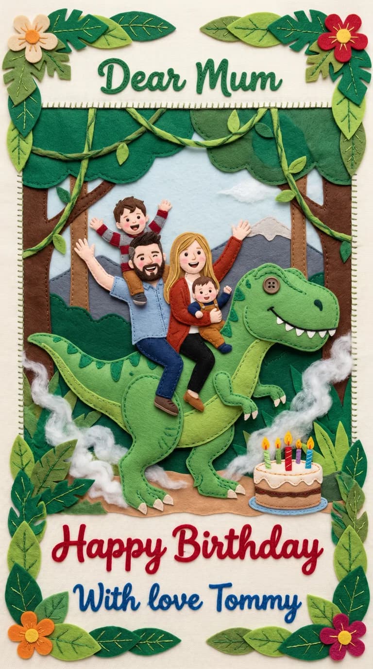 AI result: the whole family whooping with joy as they ride on the back of a giant friendly green T-rex stomping through a steamy jungle