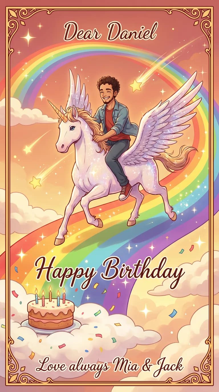 AI result: the man galloping on a sparkling unicorn across an enormous rainbow, shooting stars trailing behind