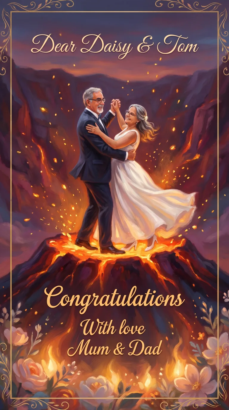 AI result: the couple ballroom dancing on the glowing rim of a gently erupting volcano, embers drifting like fireflies around them