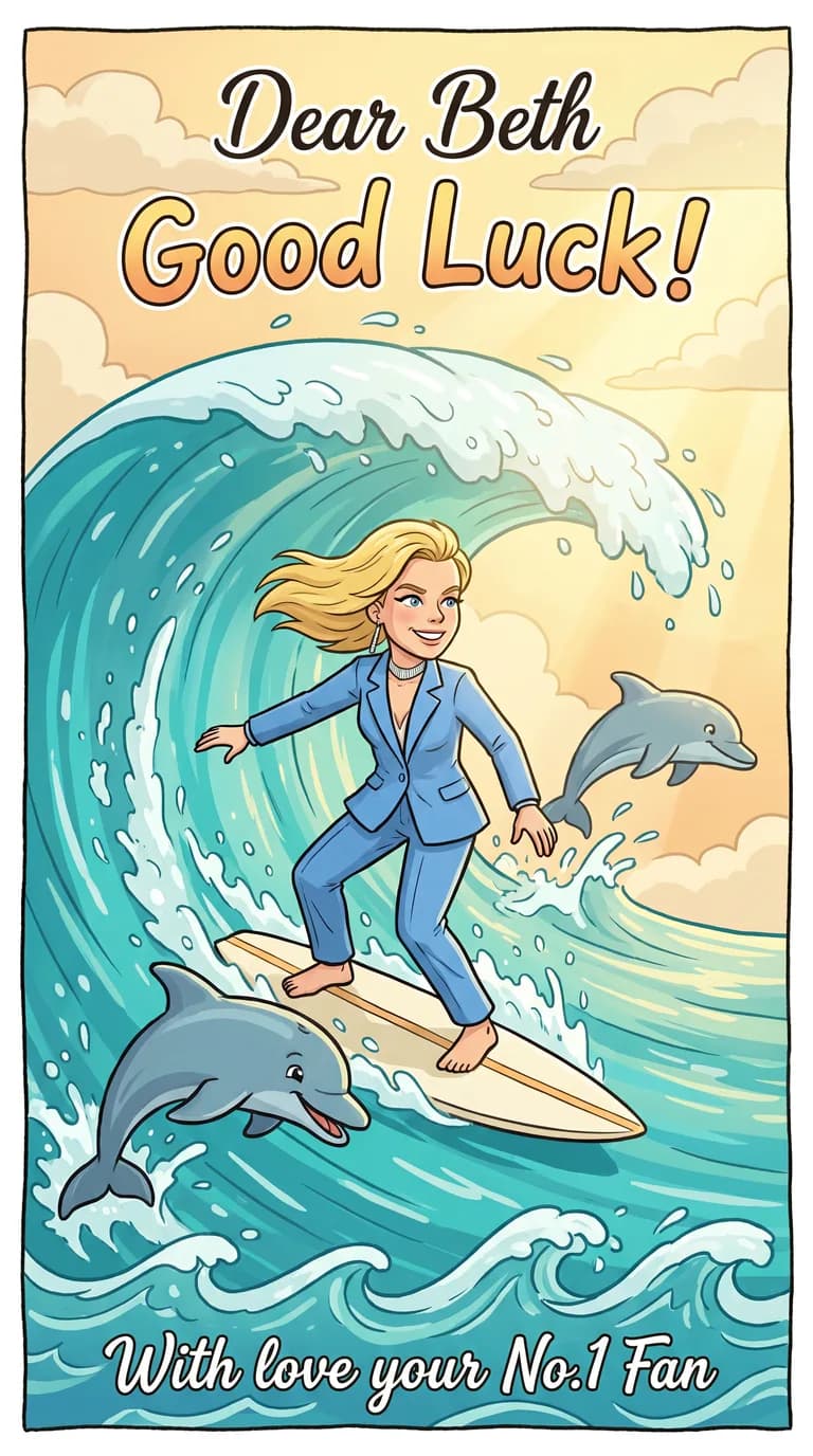 AI result: the woman surfing the crest of a towering turquoise wave, spray exploding, dolphins leaping alongside