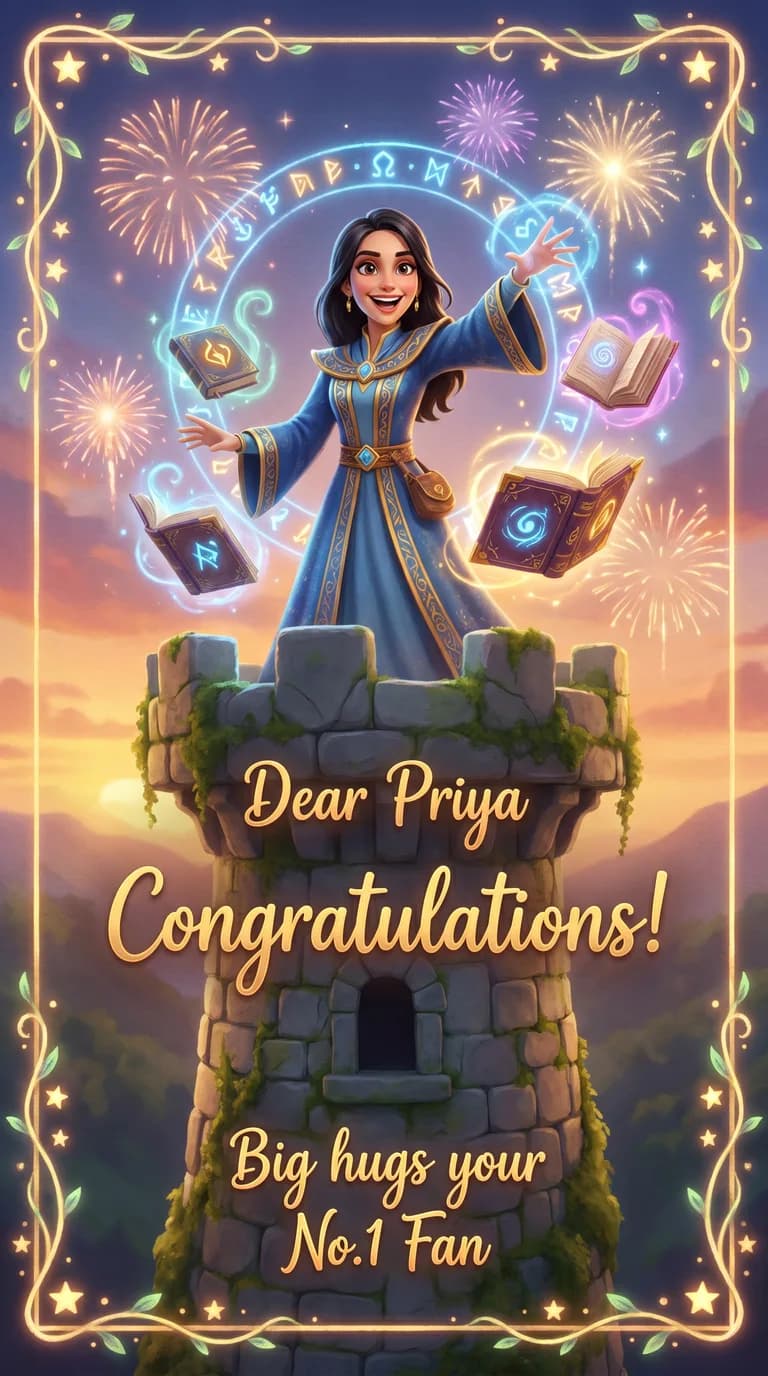 AI result: the woman as a grand wizard mid-spell at the top of a crooked magic tower, glowing runes and floating spellbooks swirling around her