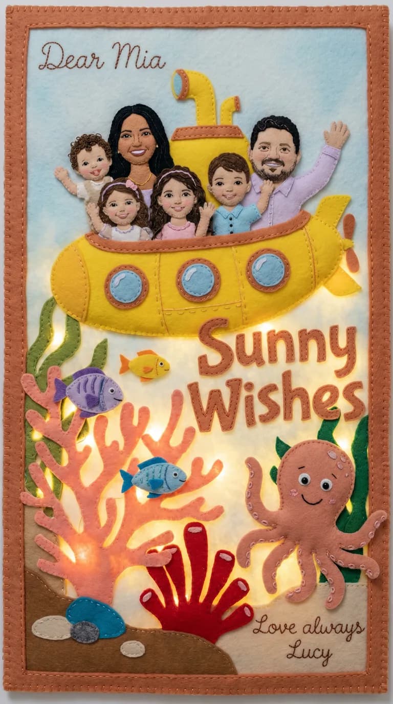 AI result: the family piloting a cheerful yellow felt submarine through a glowing coral reef, fish and a friendly octopus waving