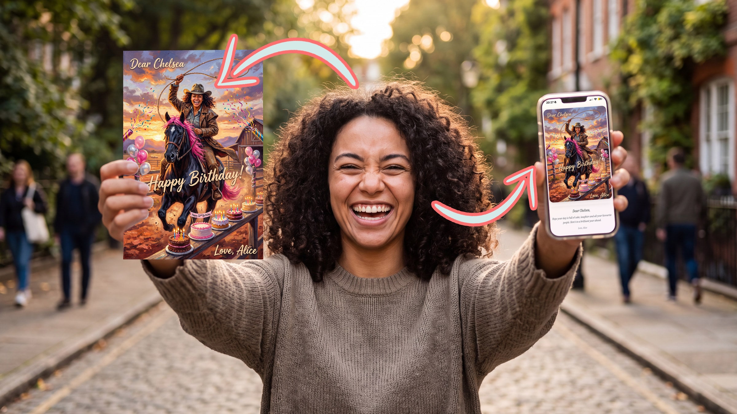 A woman on a tree-lined street holding up a printed birthday card in one hand and the same card playing on her phone in the other