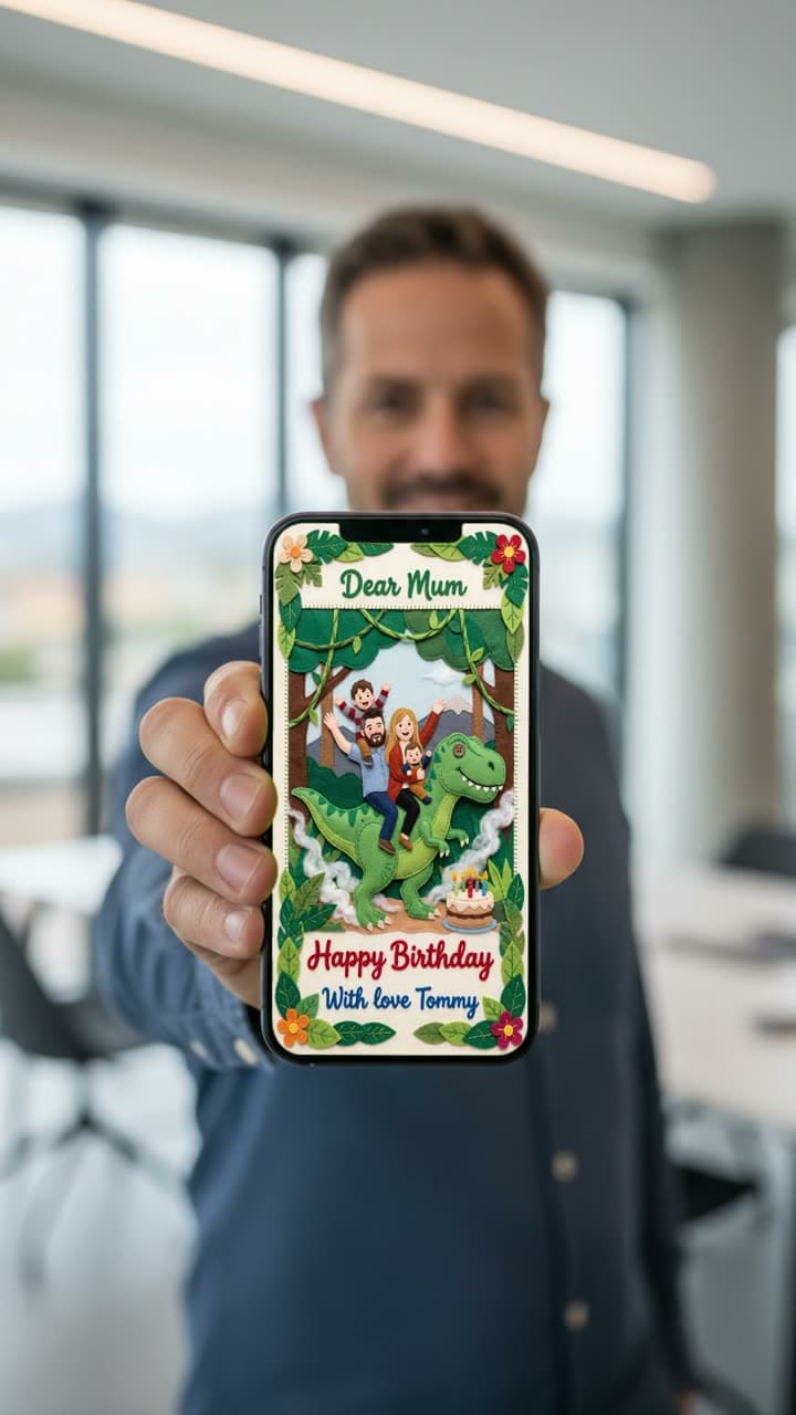 Woman in a cafe showing a personalised anniversary card on her phone