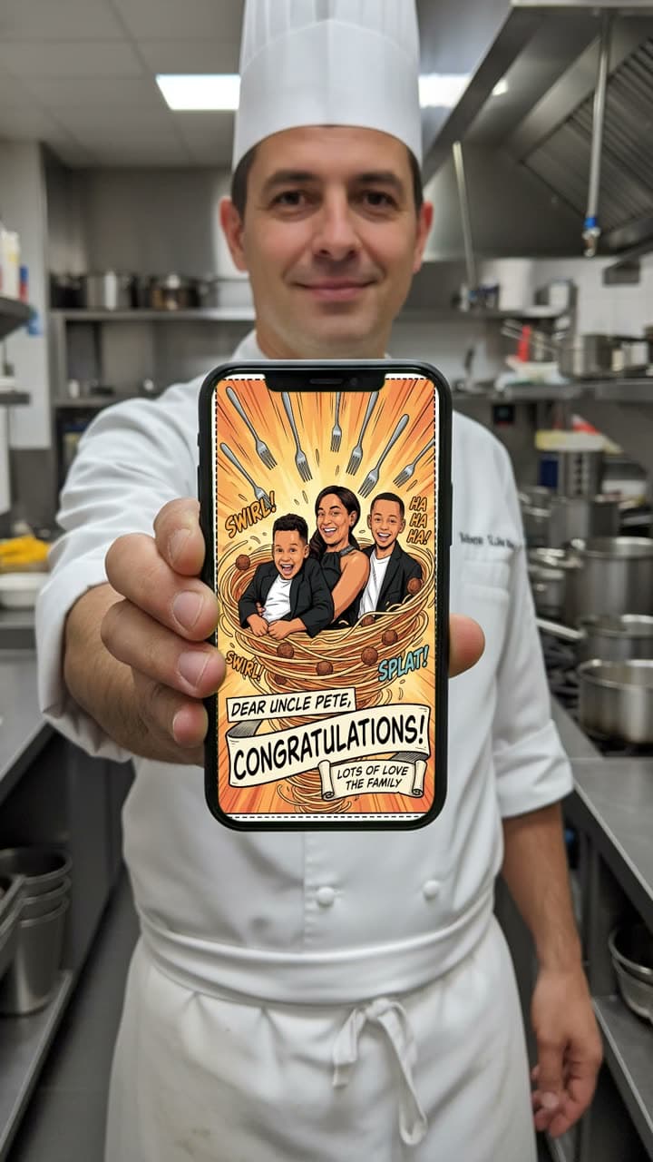 Chef showing a personalised congratulations card on his phone