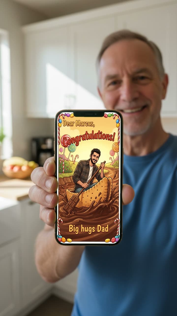 Dad showing a Big Hugs personalised card on his phone