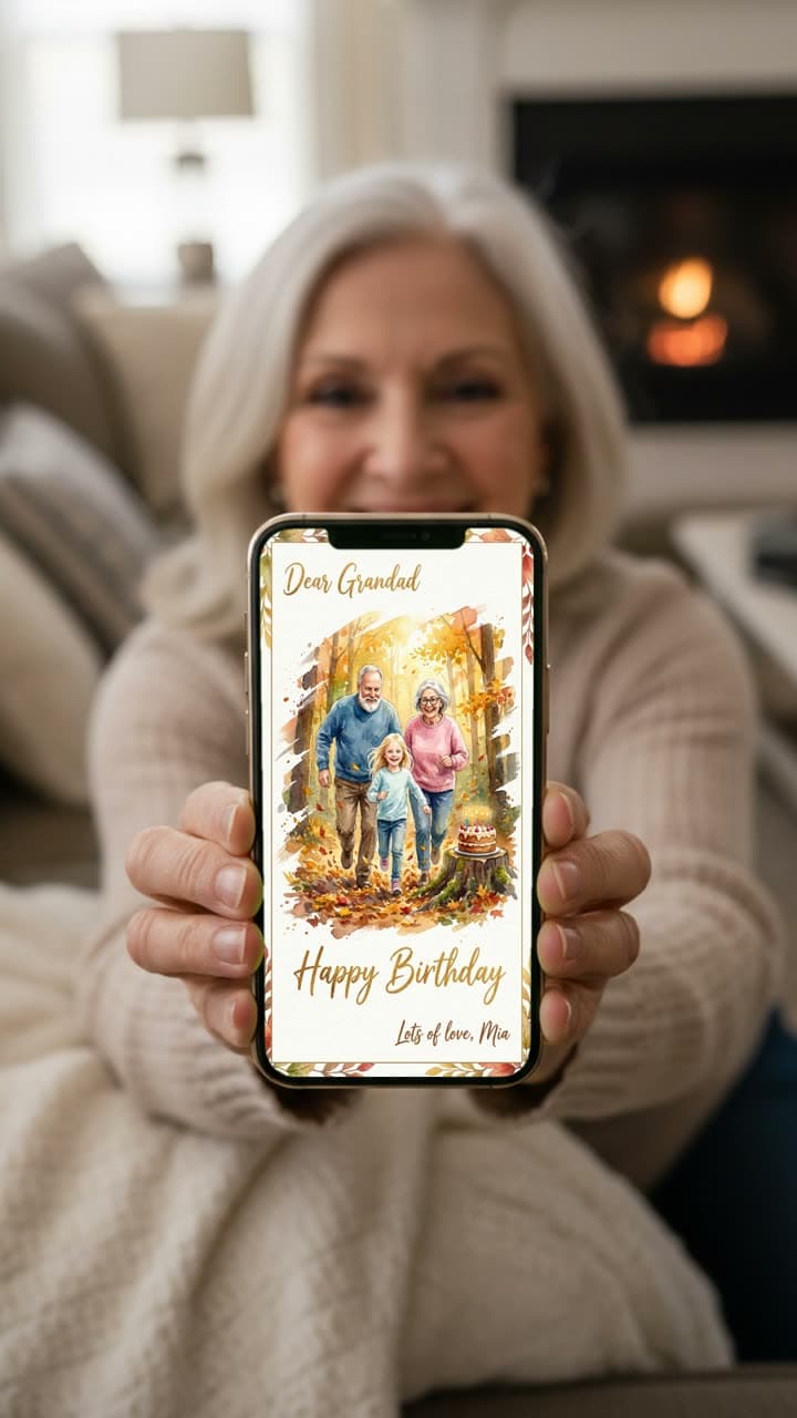 Man in a garden showing a personalised Father's Day card on a phone